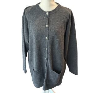Vintage Dark Gray Laura Ashley Pure New Wool Button Cardigan Size XL